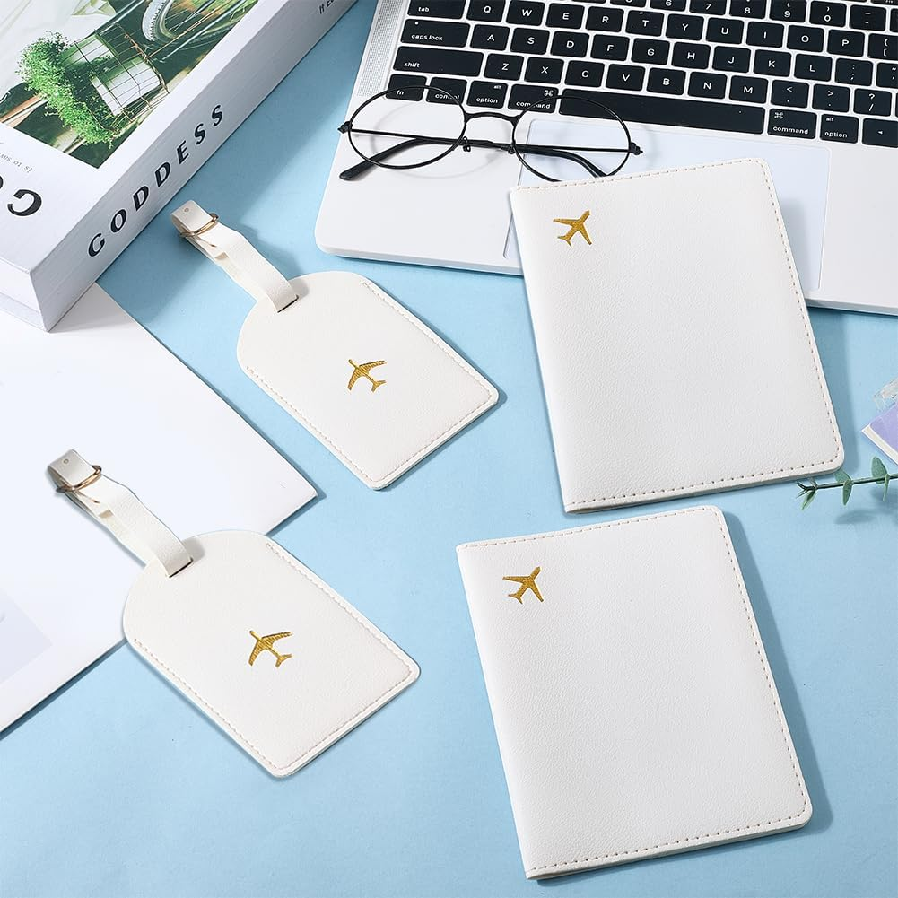 CALFOVERA Set of 2 Mr and Mrs Travel Holder Set Made of PU Leather Honeymoon Card Passport Cases Card Protective Cover Book Case with Luggage Tags Travel ID Labels Black White for Couples Bridal image number 3