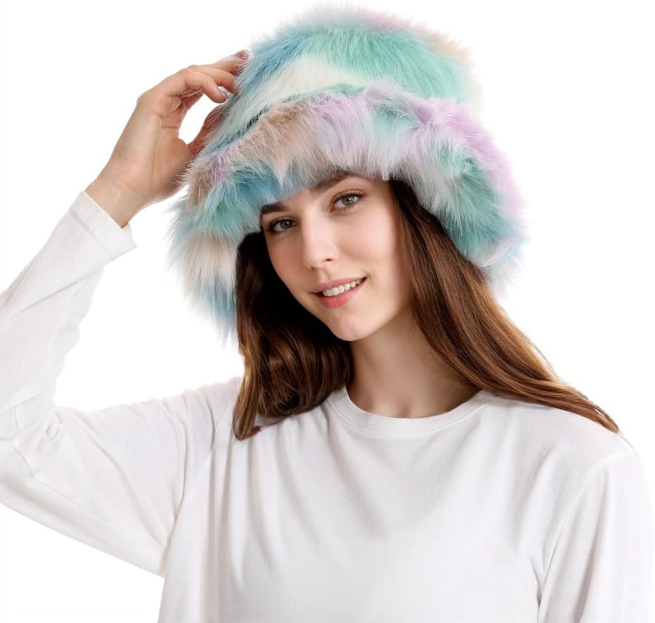 Tngan Rainbow Bucket Hat for Women Cute Faux Fur Fisherman Hat Fuzzy Winter Warm Cap Fluffy Hat for Outdoor Activities image number 3