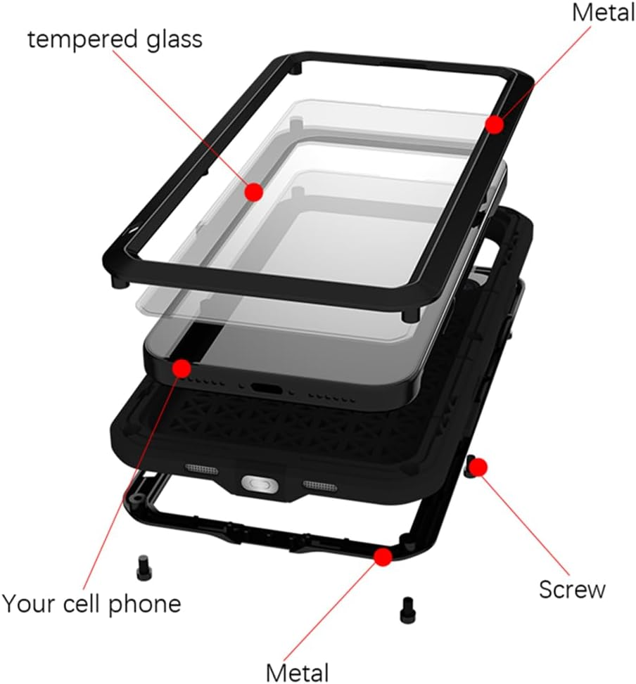 LOVE MEI Compatible with Iphone 17 Pro Max Case, Outdoor Sports Waterproof Military Heavy Duty Shockproof Dust/Dirt Proof Hybrid Aluminum Metal+Silicone+Tempered Glass Full Body Metal Cover (Black) - Black image number 5
