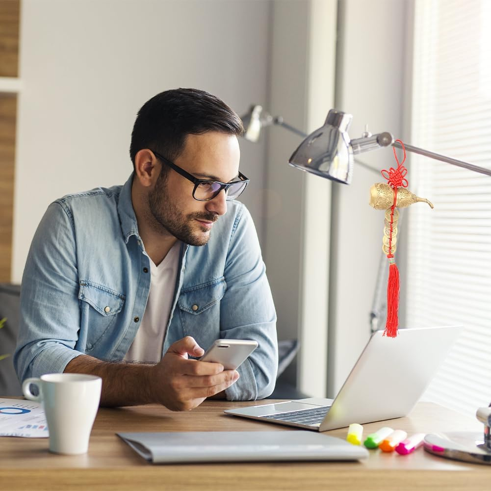 Brass Good Luck Wu Lou Cucurbit Statue Feng Shui Hu Lu Gourd Treasure Peaceful Collectible Figure for Taoist Housewarming Gifts Home Office Car Decoration Ornament Garden Decor Health Prosperity image number 2