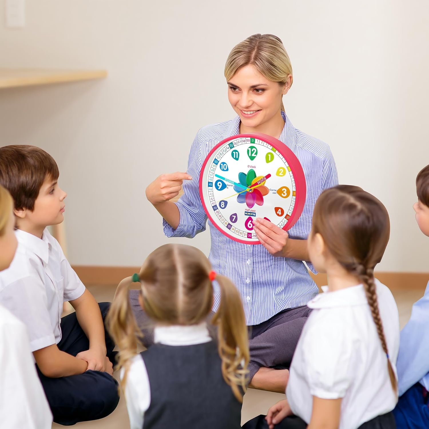 Homotte Analog Learning Clock for Kids, 10 Inch Pink Wall Clock for Bedroom, Telling Time Teach Clock, Children'S Silent Non-Ticking Educational Wall Clock for Classroom Girls Home Decor image number 5