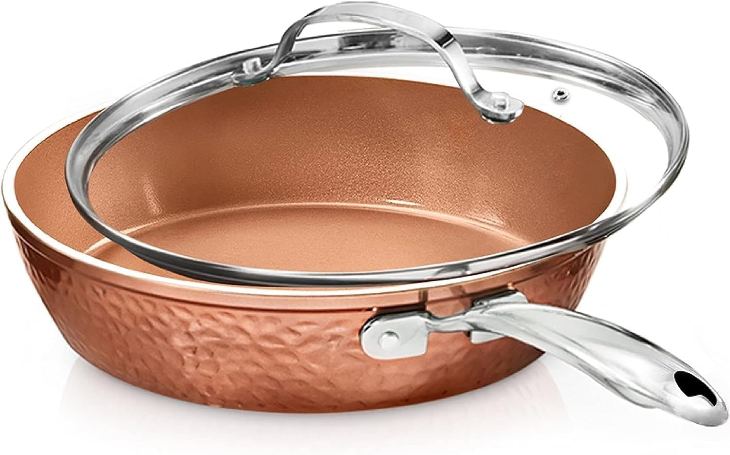 Gotham Steel 2697 12&rdquo; Nonstick Fry Pan with Lid &ndash; Hammered Copper Collection, Premium Aluminum Cookware with Stainless Steel Handles, Induction Plate for Even Heating, Dishwasher & Oven Safe Large image number 3