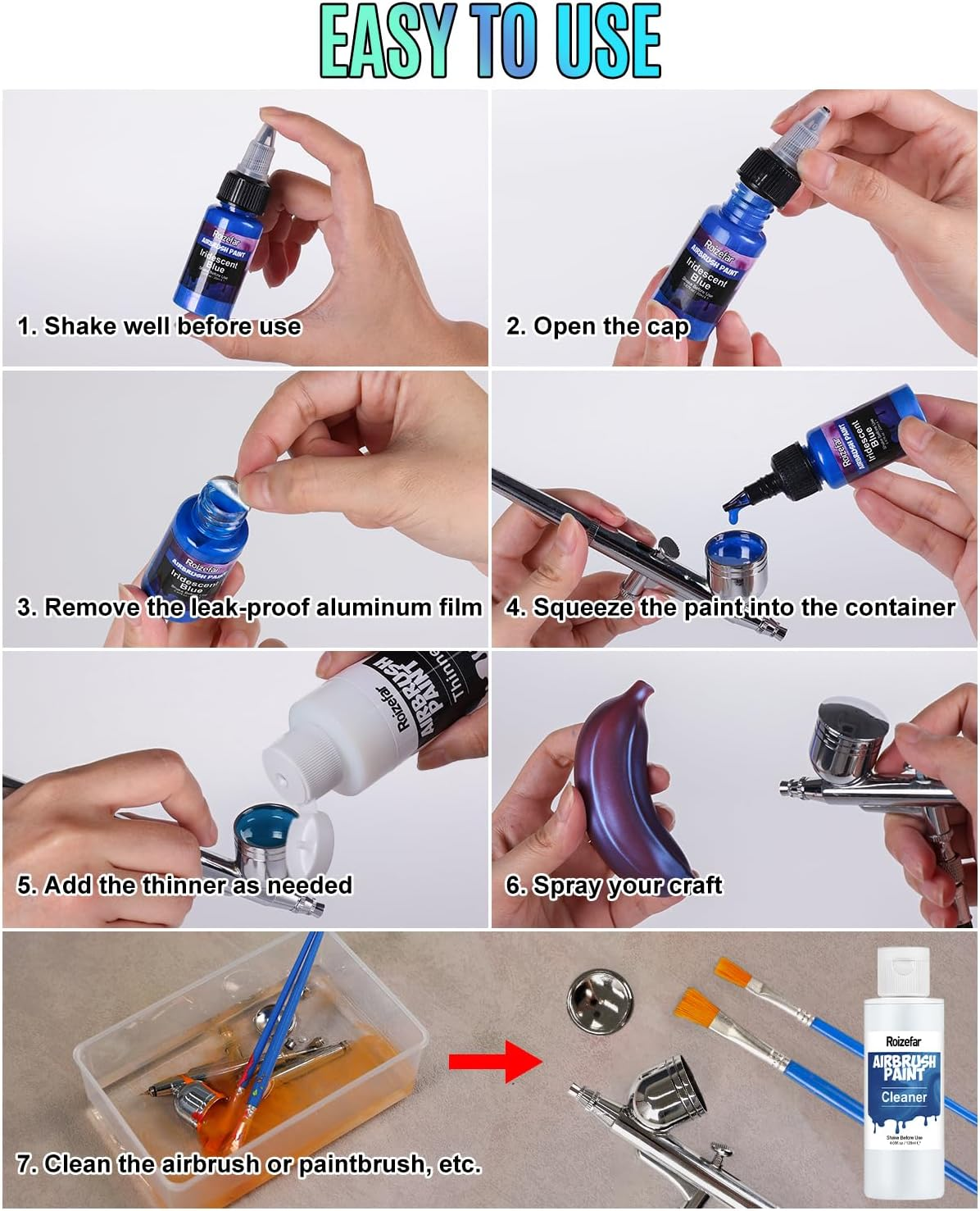 Roizefar Airbrush Paint, 36 Colors with 4.05 Fl Oz Thinner & 4.05 Fl Oz Cleaner, Water-Based Air Brush Paints Acrylic Ready to Spray, Includes Iridescent, Metallic, Neon, Classic Colors, 20Ml/Bottle - 18 Colors image number 3