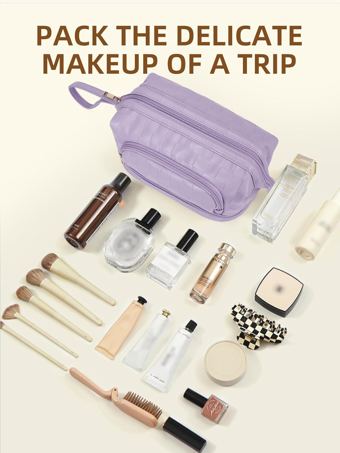 DDPOND Makeup Bag Large Capacity Travel Cosmetic Bags Double Layer Portable Leather Make up for Women (Apricot - Square) - 1 - Beige With Brown image number 5