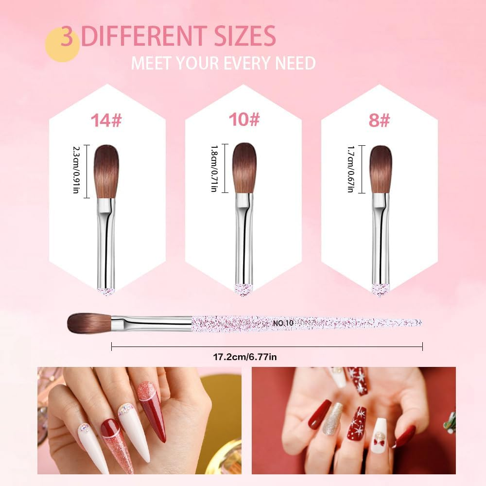 Suytvenxau 3Pcs Acrylic Nail Brush Set - Professional Nail Brushes Sizes 8/10/14 for Powder Application, Nail Art Extension, 3D Carving, DIY Home Salon Manicure Tools