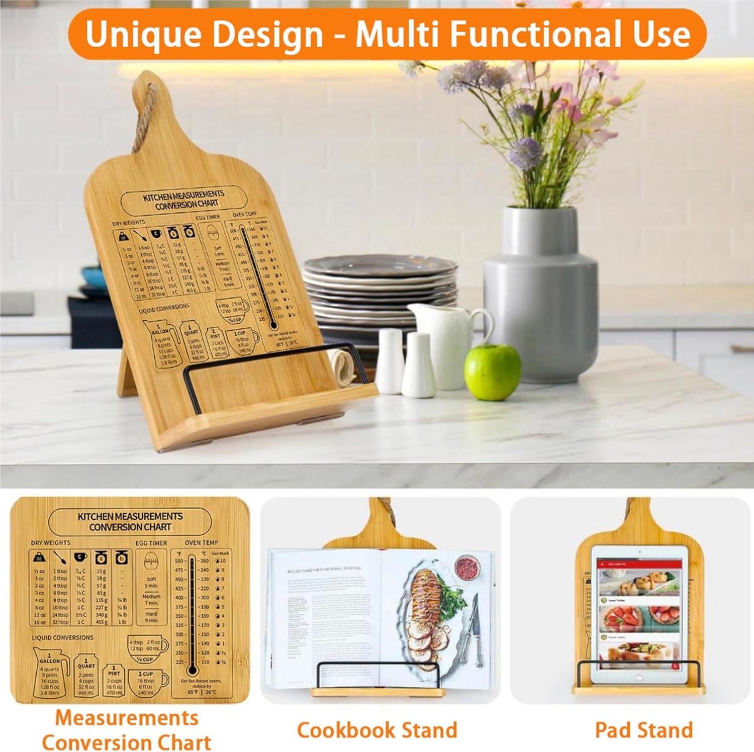 FORYUSE Cookbook Stand Wooden Recipe Book Holder with Measurement Conversion Chart Adjustable Rustic Cook Book Stand for Kitchen Counter image number 1