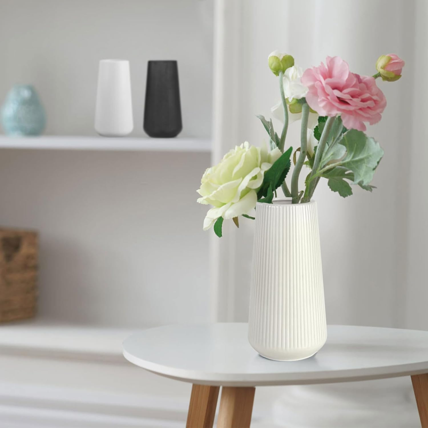 White Ceramic Vase, IGGUCEA Small Cute Flower Vase for Pampas Grass, Home, Living Room, Dining Table, Farmhouse, Office Decor, Bedroom, Table, and Kitchen Shelf