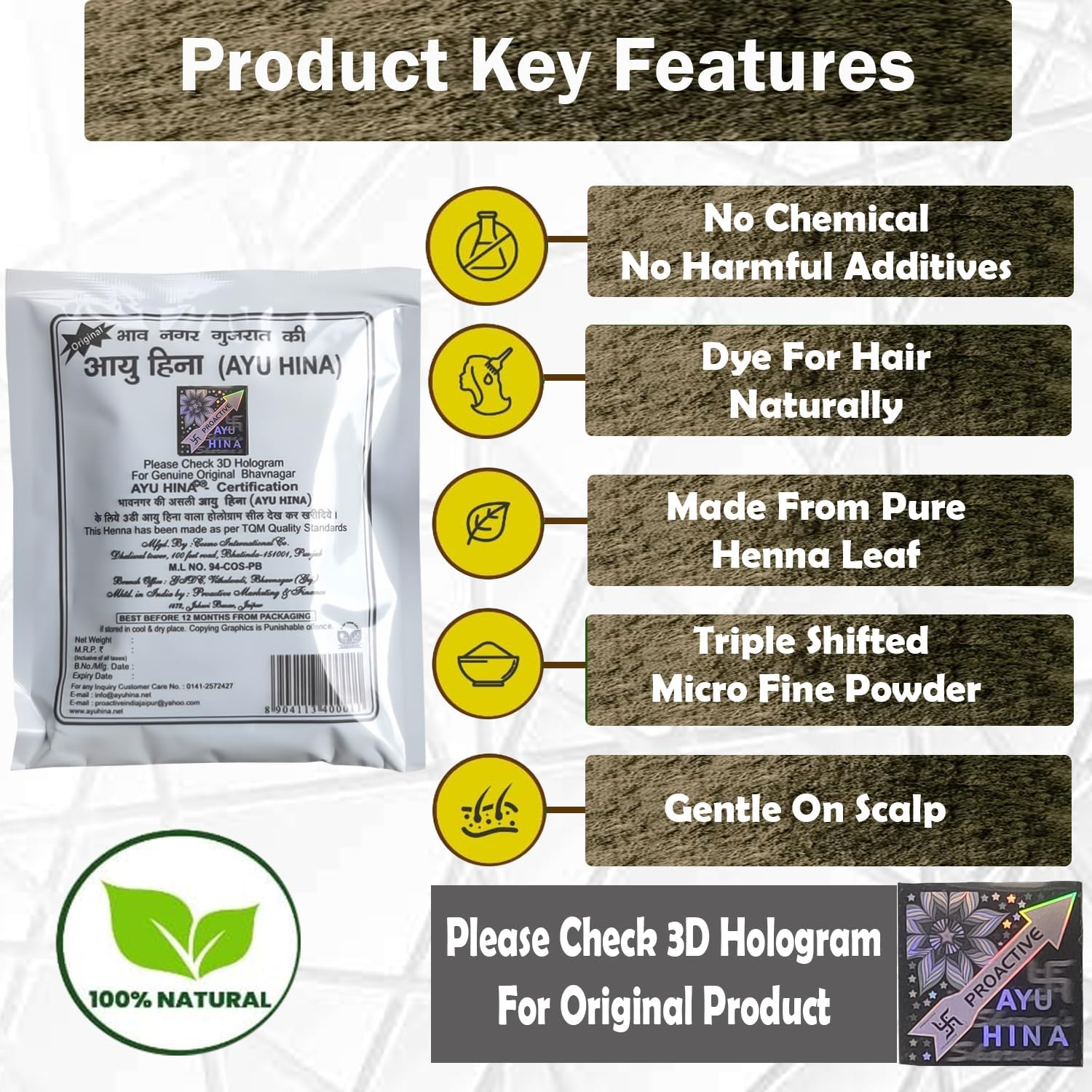 Ayu Hina Henna, Black Naturals - Pack of 5, Original Bhavnagar Henna Mehndi (125 G Economy Pack), Powder, Suitable for Normal Hair, Makes Hair Naturally Black, Shiny, Strong, Healthy and Beautiful