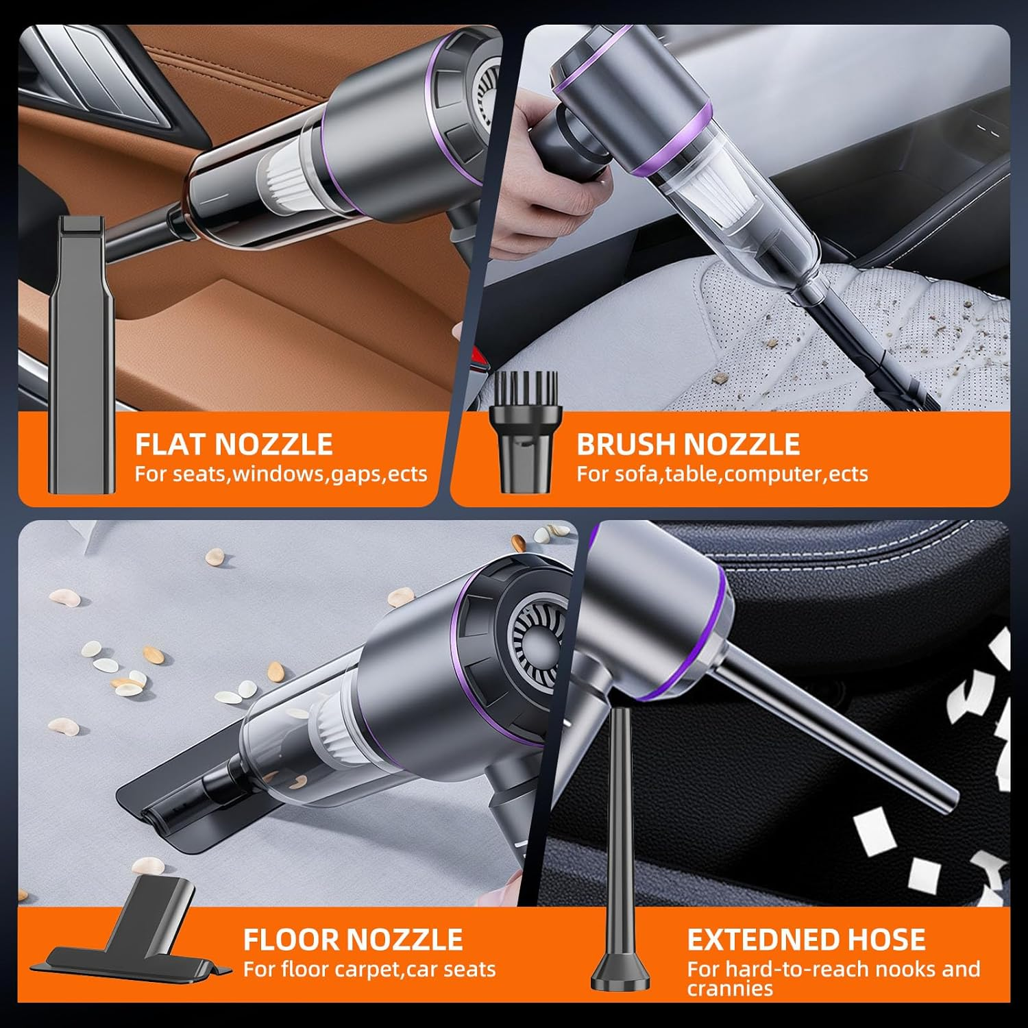 Car Vacuum Cleaner Cordless, 16000Pa High Power Handheld Vacuum with Brushless Motor, 4-In-1 Mini Vacuum Rechargeable & Air Blower, Portable for Car Home Office Pet Cleaning, HEPA Filter image number 4