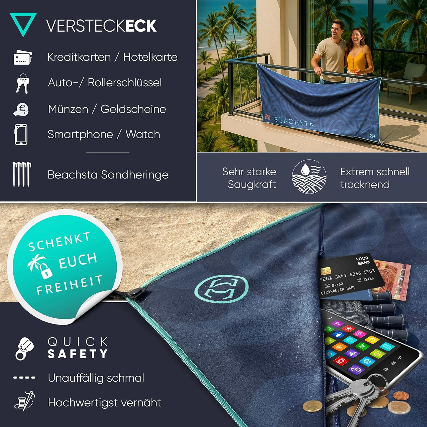 ESSENZZ Beachsta - Innovative Microfibre Bath Towel Large / 2 X Beach Towels - Set of 2 Bath Towels Large 90 X 180 Cm = Beach Towel XXL 170 X 180 Cm Beach Blanket Beach Mat image number 1