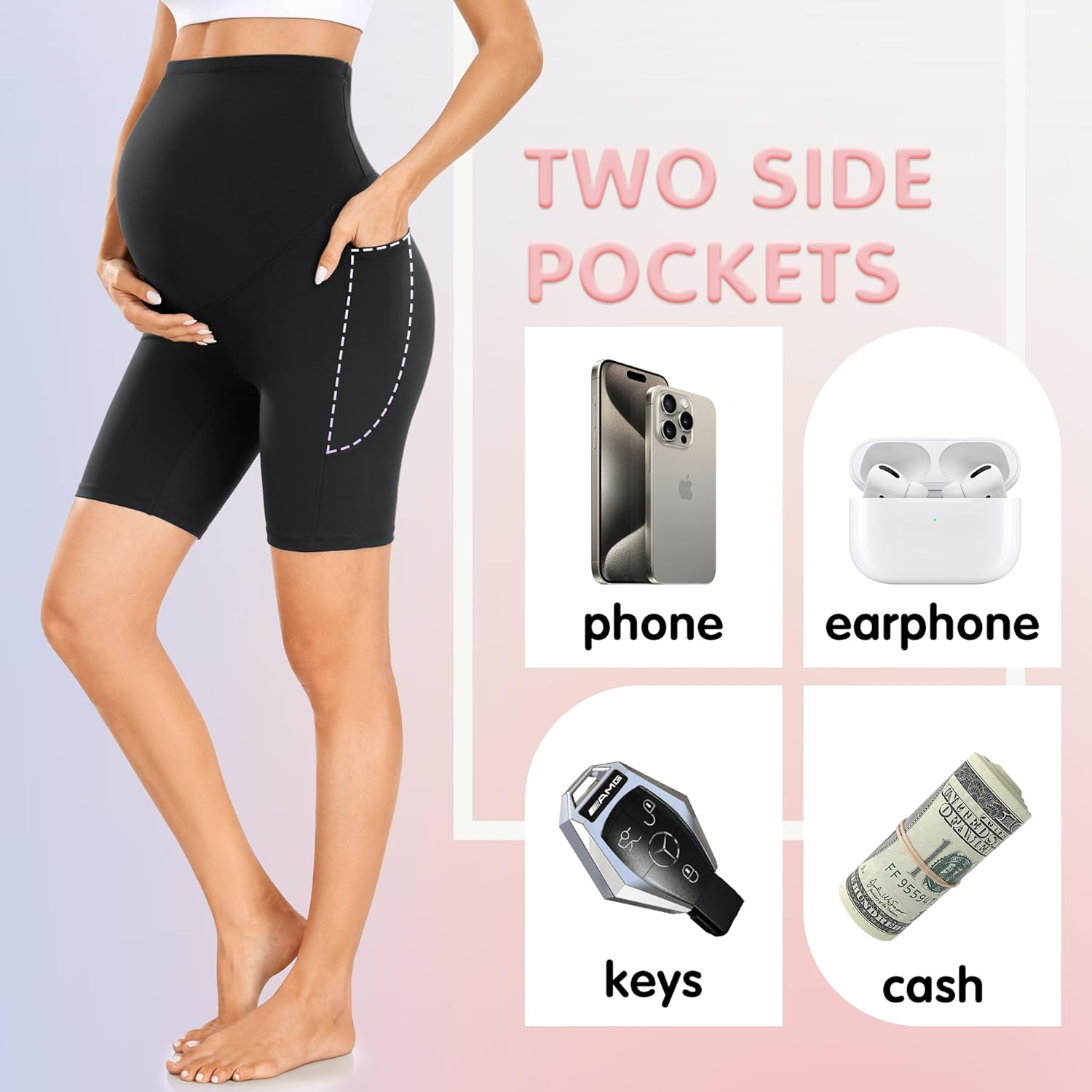 FULLSOFT 3 Pack Maternity Shorts over Belly - 8" Pregnant Women'S Cycling Shorts with Pockets, High Waisted, Mid Rise, Solid, Polyester Blend, Size 8