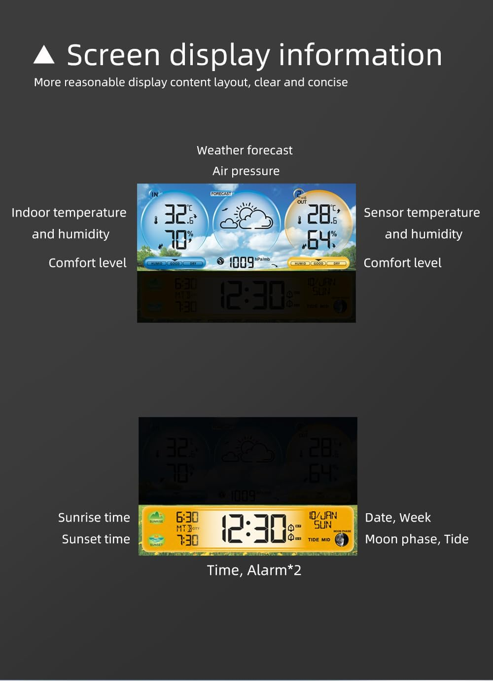 Weather Station Indoor Outdoor Thermometer with Remote Sensors and Touch Color Screen Weather Thermometer Forecast Station with Sunrise Sunset Time and Tide Level image number 4
