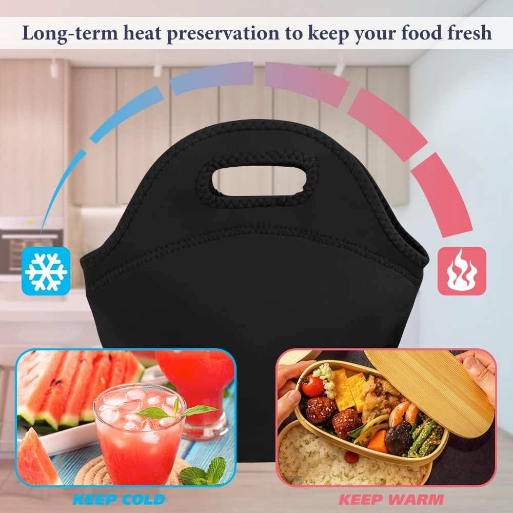 2 Pcs Black Neoprene Lunch Bag, Lunch Bags for Women, for Girl Boy Teens, Insulated Lunch Bag, Thermal, Reusable and Foldable Lunch Bag with Zipper for Adult Nurse School Work Travel Picnic (Black) image number 6