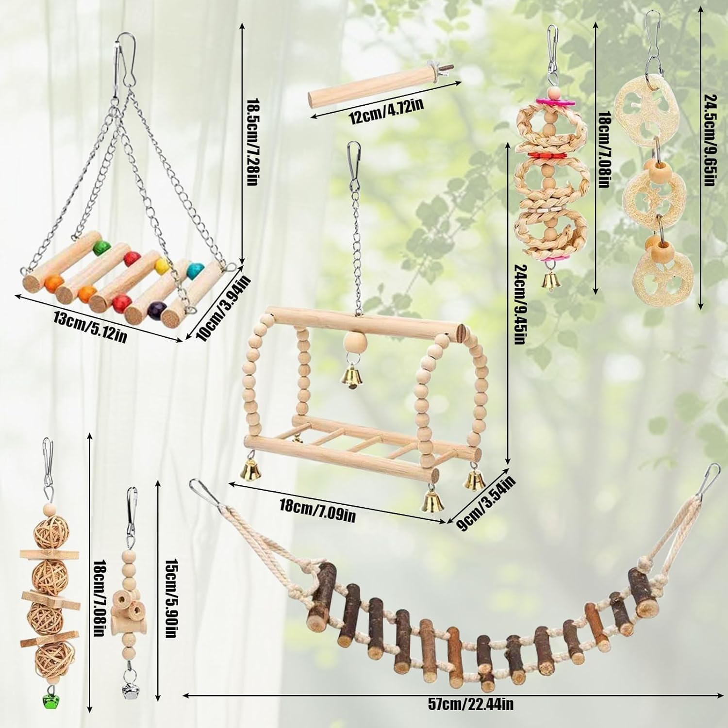 Parakeet Bird Cockatiel Toys, Pet Bird Cage Swing Hammock Chewing Toy Hanging Bell Wooden Perch for Conures, Love Birds, Finches, Budgie (Colourful-8) image number 3