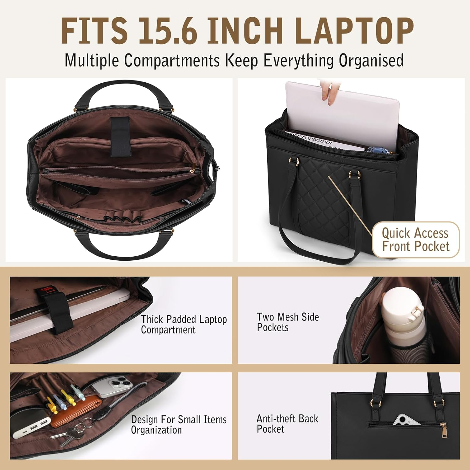 RAINSMORE Laptop Bag for Women 15.6 Inch Work Tote Bags Waterproof Leather Laptop Tote Professional Computer Briefcase image number 4