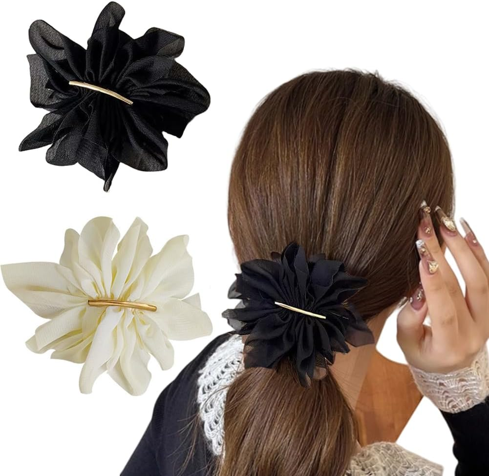 2Pcs Chiffon Flower Hair Clips Flower Hair Barrettes Hair Accessories for Women Girls Wedding Party(Black+White) image number 3