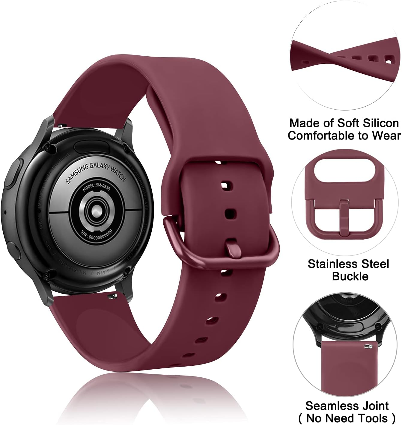 4 PACK Bands Compatible with Galaxy Watch 4 Band 40Mm 44Mm, Galaxy Watch 4 Classic Band 42Mm 46Mm, Galaxy Active 2 Watch Band, 20Mm Adjustable Silicone Sport Strap Replacement Bands for Women Men (Winered+Pink+White+Rosegold)