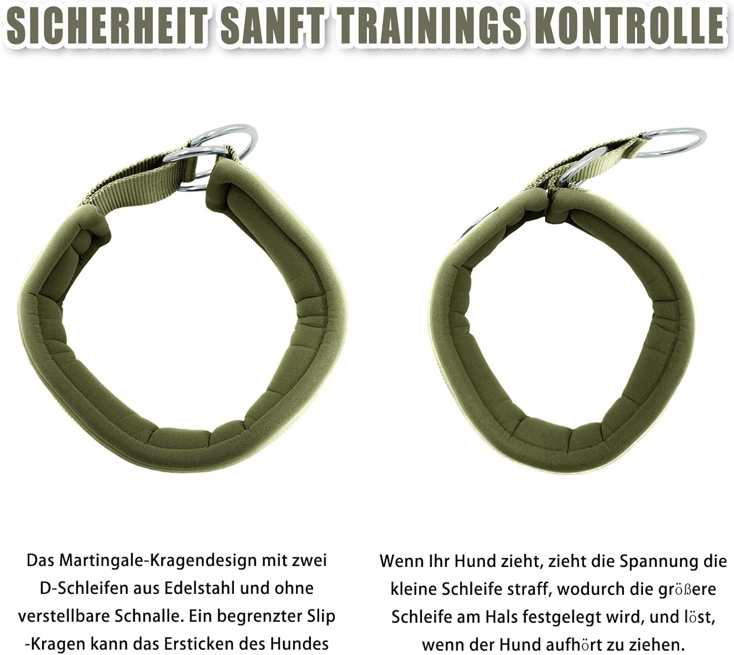 Soft Neoprene Padded Dog Collar (4 Cm Wide) Reflective Dog Collar with Robust Nylon & Pull Stop, Comfortable Pull Collar Dressage Collar for Small Medium Large Dogs Walking L, Army Green