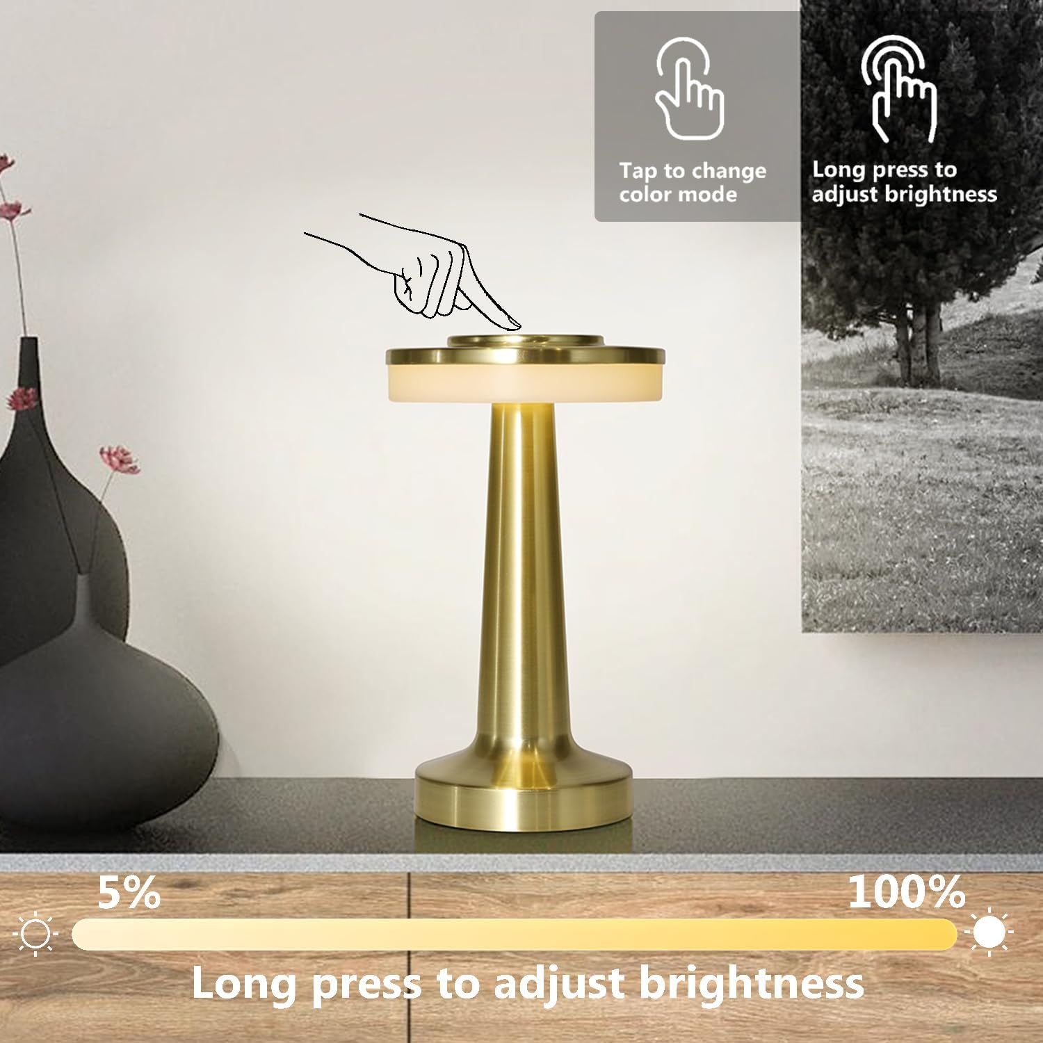 LED Rechargeable Portable Cordless Table Lamp with 3-Levels Brightness,Touch Lamp,Nightstand Lamp,Bedside Lamp for Indoor Outdoor Restaurant Bar Coffee Shop(Gold-Cap), HJ-JS001 image number 5