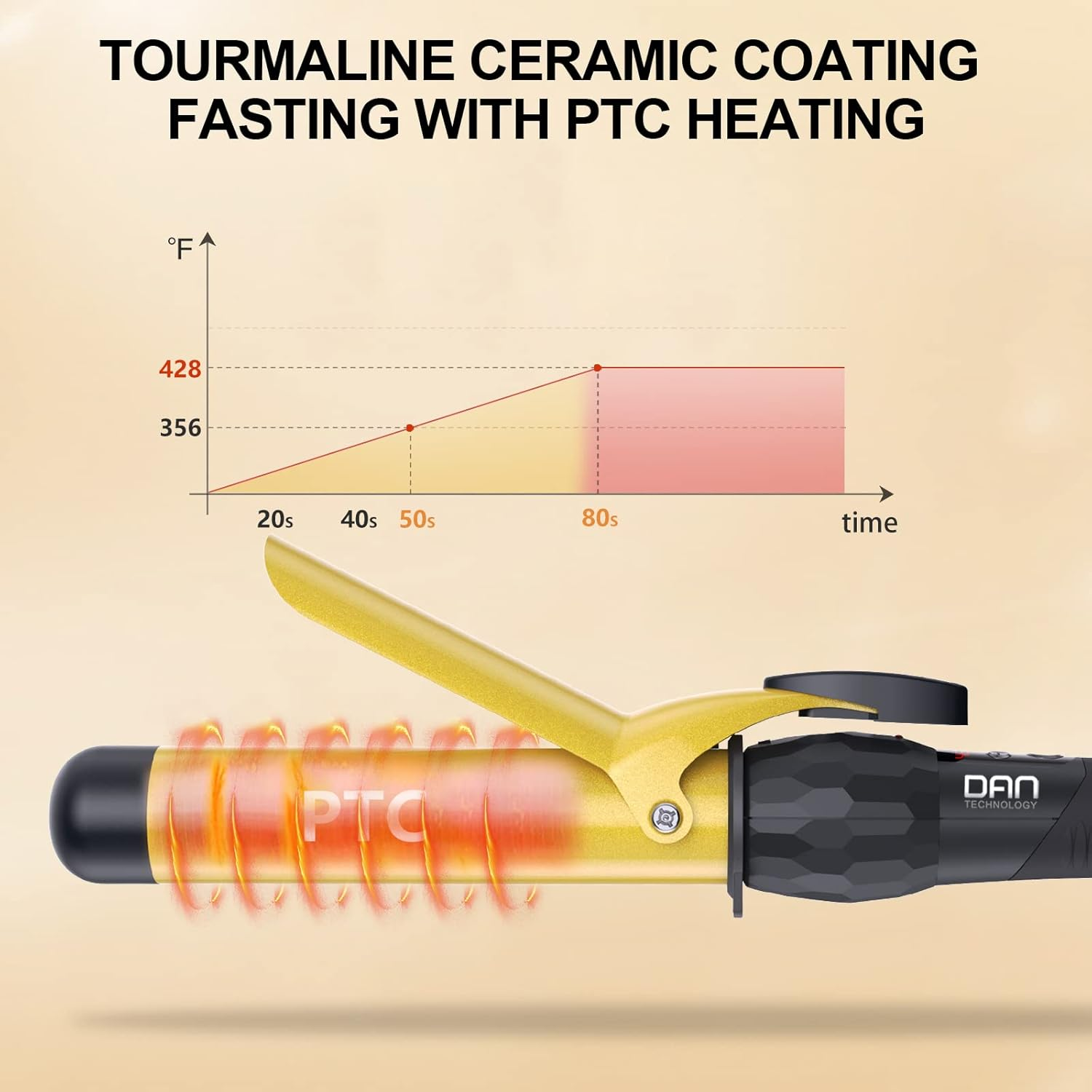 DAN Technology 1 1/4 Inch Tourmaline Ceramic Hair Curling Iron/Wand with LCD Screen, Suitable for Hair DIY, Hairdressing Beauty School, Hair Salon, Fast Heating, 60 Min Auto off (Gold Black) image number 2