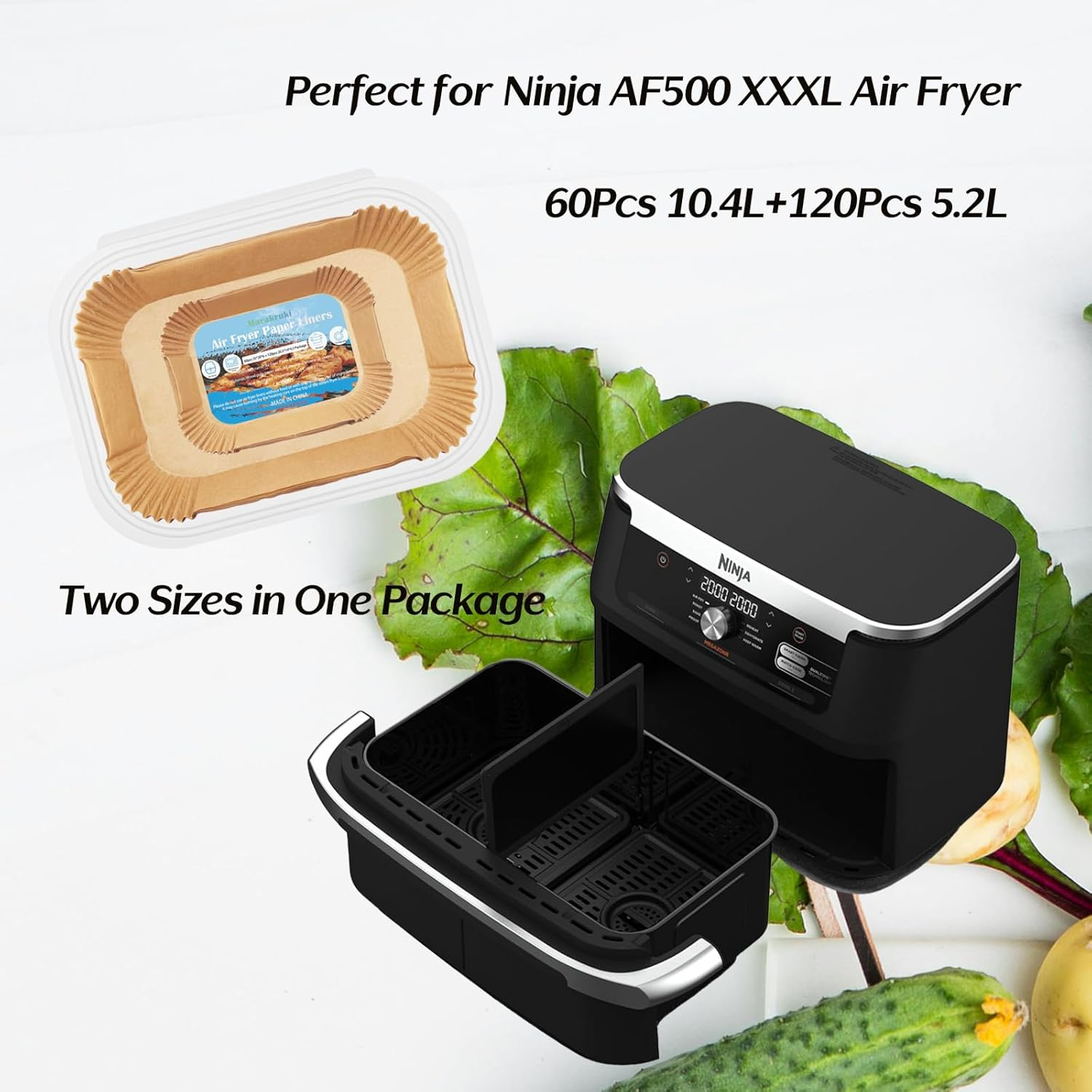 Marakruki 180Pcs Air Fryer Liners for Ninja AF500 XXXL Air Fryer, 10.4L Ninja Flexdrawer Paper Liners,120 Pcs Liners for Dual 5.2L Baskets +60 Pcs Liner for 10.4L Megazone Basket image number 1