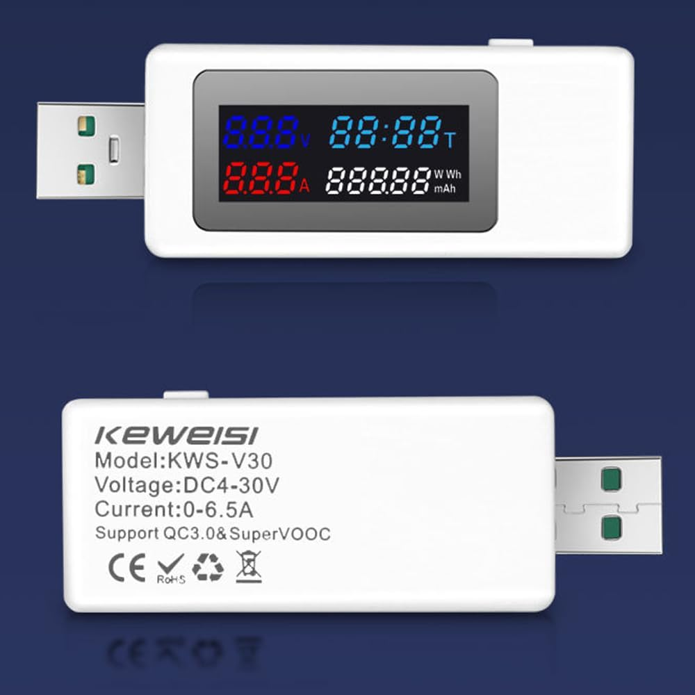 KWS-V30 USB Power Meter Tester 6In1 Current Voltage Timing Power Capacity Electric Quantity Tester with Power-Off Memory Function - White image number 4