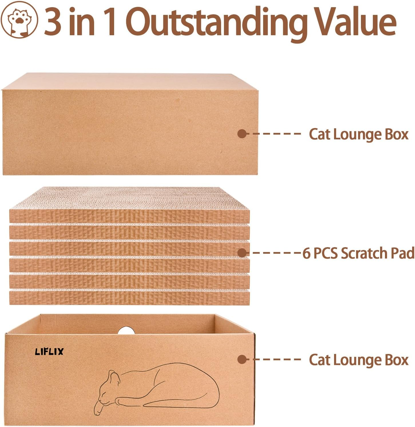 LIFLIX Cardboard Cat Scratcher with 2 Boxes, 6PCS Reversible Cat Scratch Pads in Large Cat Scratcher Box, 44L X 34W X 15.5H Cm