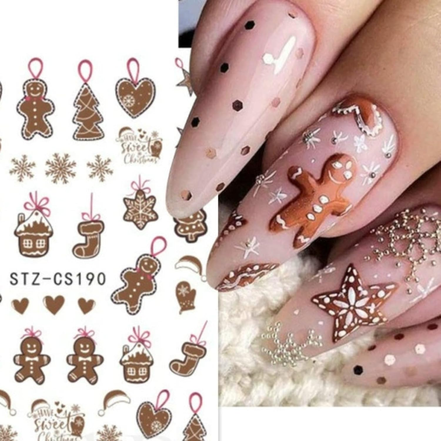 6 Sheets Christmas Design Nail Art Stickers 3D Self-Adhesive Designer Nail Decals Colorful Bow Reindeer Gingerbread Man Snowflake Nail Decoration DIY Manicure Tips for Women Girls (Merry Christmas) image number 3