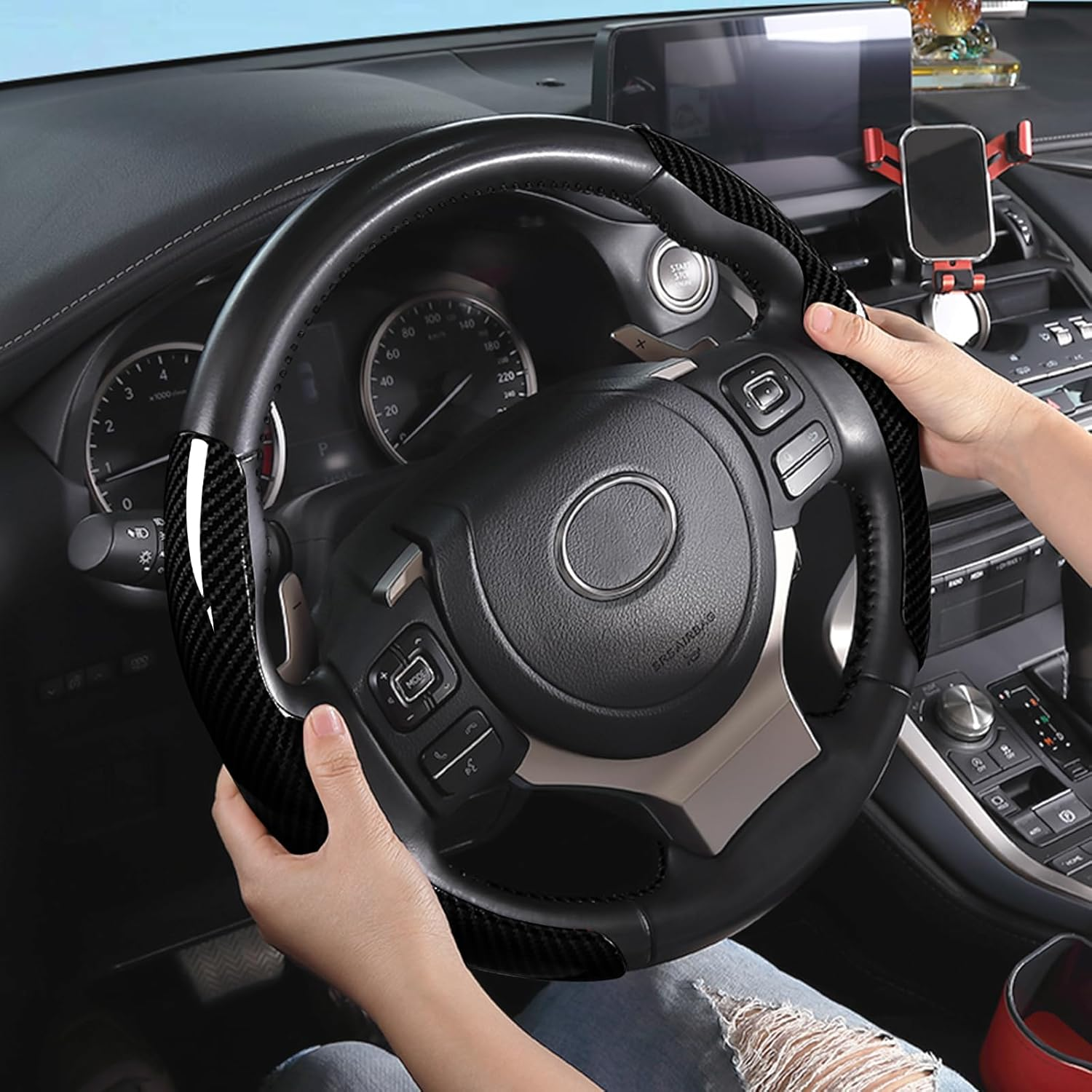 Car Steering Wheel Cover Bright Carbon Fiber, Steering Wheel Wrap Set Non-Slip 2Pcs Protector Interior Decoration 14-15 Inch Universal (Black) image number 5