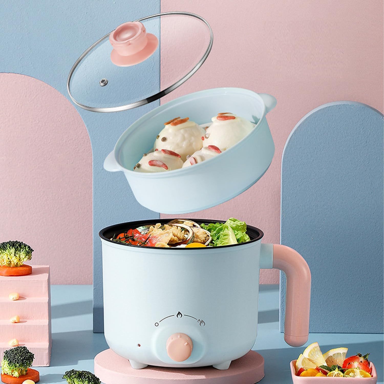 Electric Hot Pot, 1.5L Mini Multifunction Electric Cooker for Shabu-Shabu, Stir Fry, Noodles, Pasta, Nonstick Frying Pan for Saut&eacute;, Dual Power Control Ramen Cooker for Dorm and Office image number 1