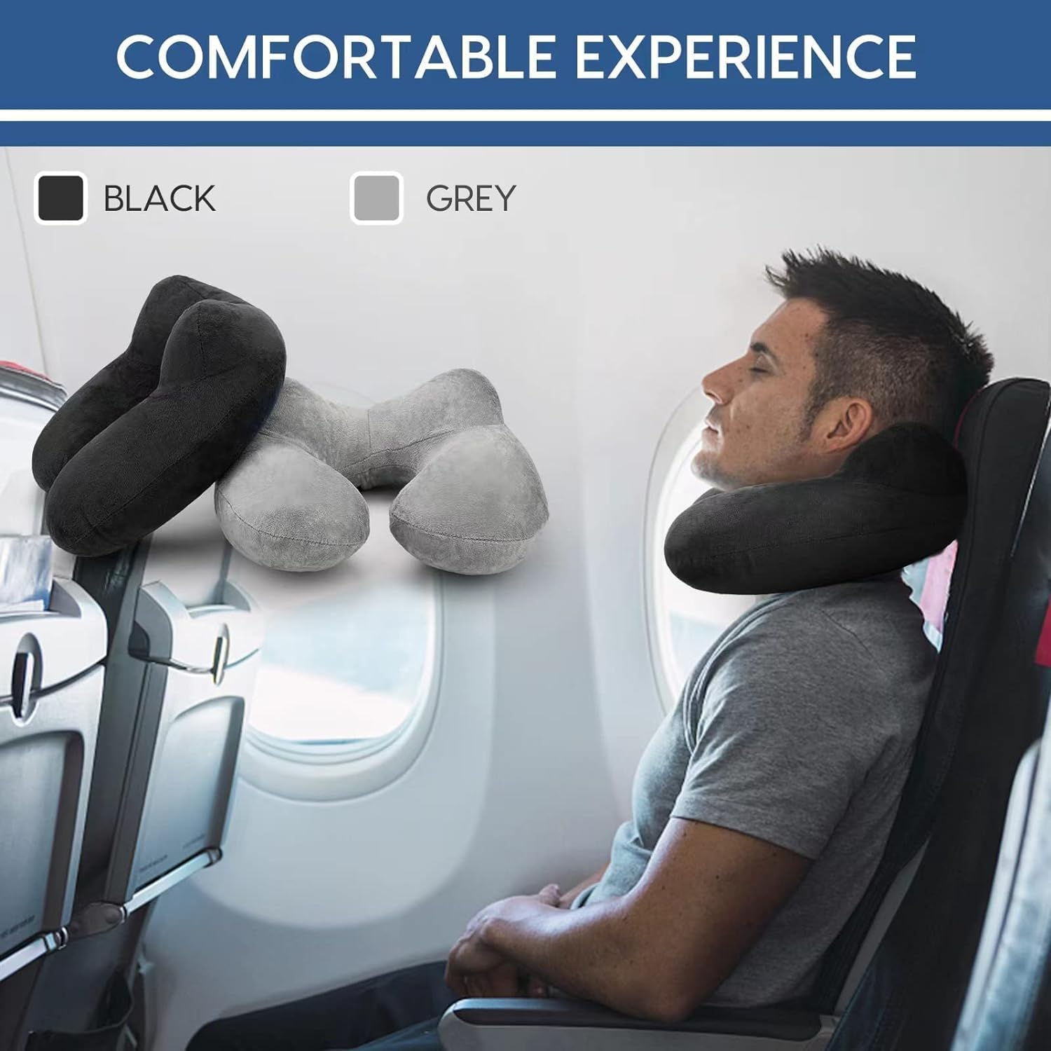 Travel Pillow, Inflatable Travel Pillow, Comfortable & Breathable Cover, Machine Washable, Airplane Travel Kit with 3D Contoured Eye Masks, Earplugs, and Luxury Bag (Black) image number 1
