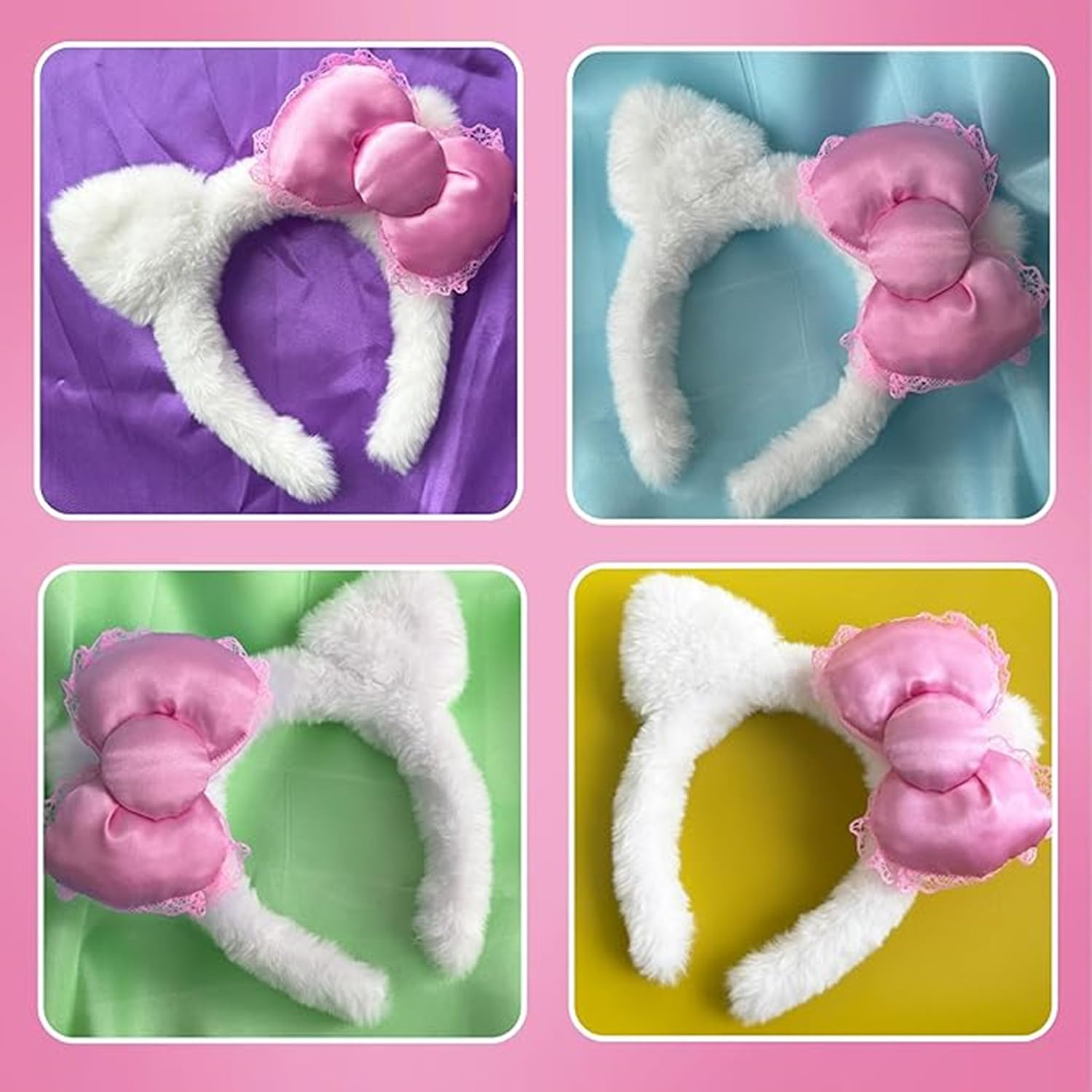 Cat Ears Headband Pink Bow White Hair Accessories, Kitty Bow Costume Hair Accessories Kawaii Stuff Gift image number 4