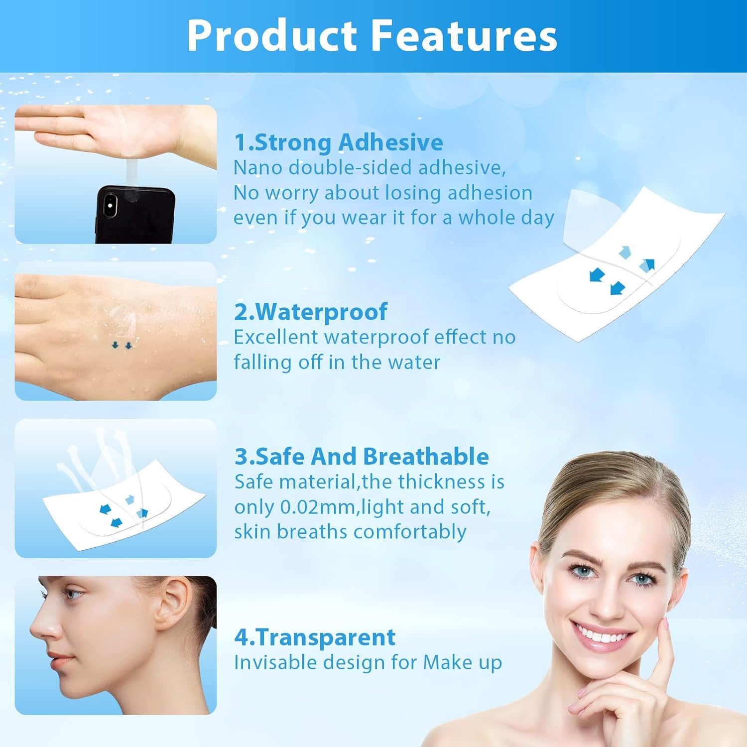 Face Lifting Tape Invisible,156Pcs Face Lift Tape Invisible Neck Tape Face Lifter Tape Instant Lifting for Neck, Eyes, Jowls & Double Chin | Anti-Wrinkle, V-Line Facelift Tapes image number 4