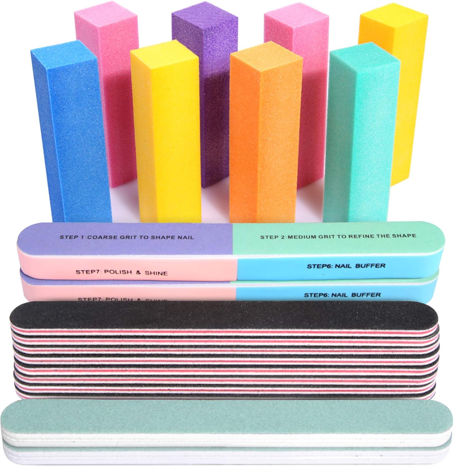 FANDAMEI Nail File and Buffer, Professional Manicure Tools Kit. 8PCS Rectangular Nail Buffer Block, 8PCS Nail File, 2PCS 7 Way Nail File & 2PCS Nail Polishing Buffer. Nail Care File Buffer Tool