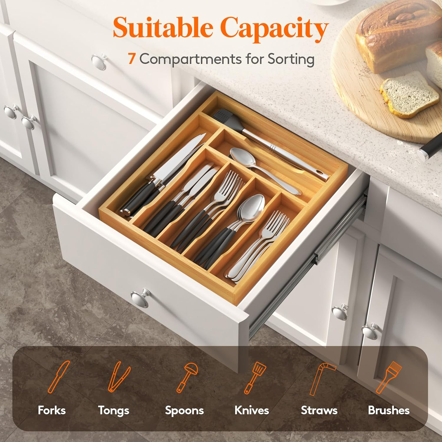 Lifewit Silverware Drawer Organizer Tray, Bamboo Cutlery Storage for Kitchen Drawer, 5 Compartment Flatware and Utensil Holder Divider for Spoons Forks Knives Tableware, Natural image number 1