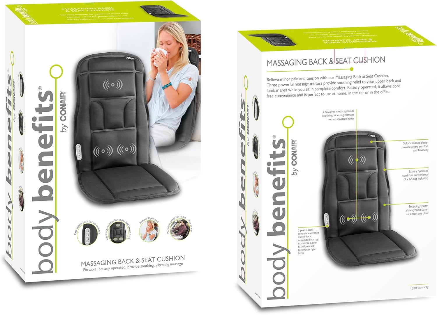 Body Benefits by Conair Massaging Back & Seat Cushion Features 3 Powerful Motors That Provide Soothing, Vibrating Massage to Two Massage Zones, with Soft-Cushioned Design for Extra Comfort.