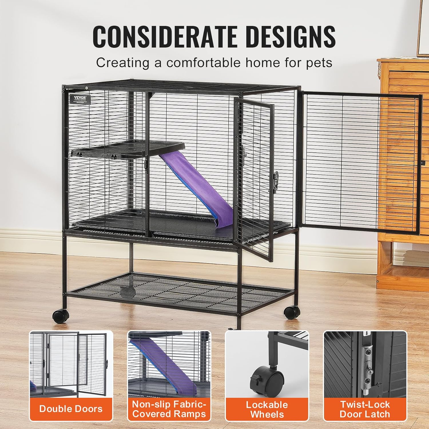 VEVOR 34" Rolling Metal Ferret Cage, Large 2-Tier Critter Nation Cage, Small Animal Cage with Ramps & Tray, Easy to Set up for Pet Rats, Hamster, Guinea Pig, Chinchilla, Squirrel, Hedgehogs, Bunny image number 2