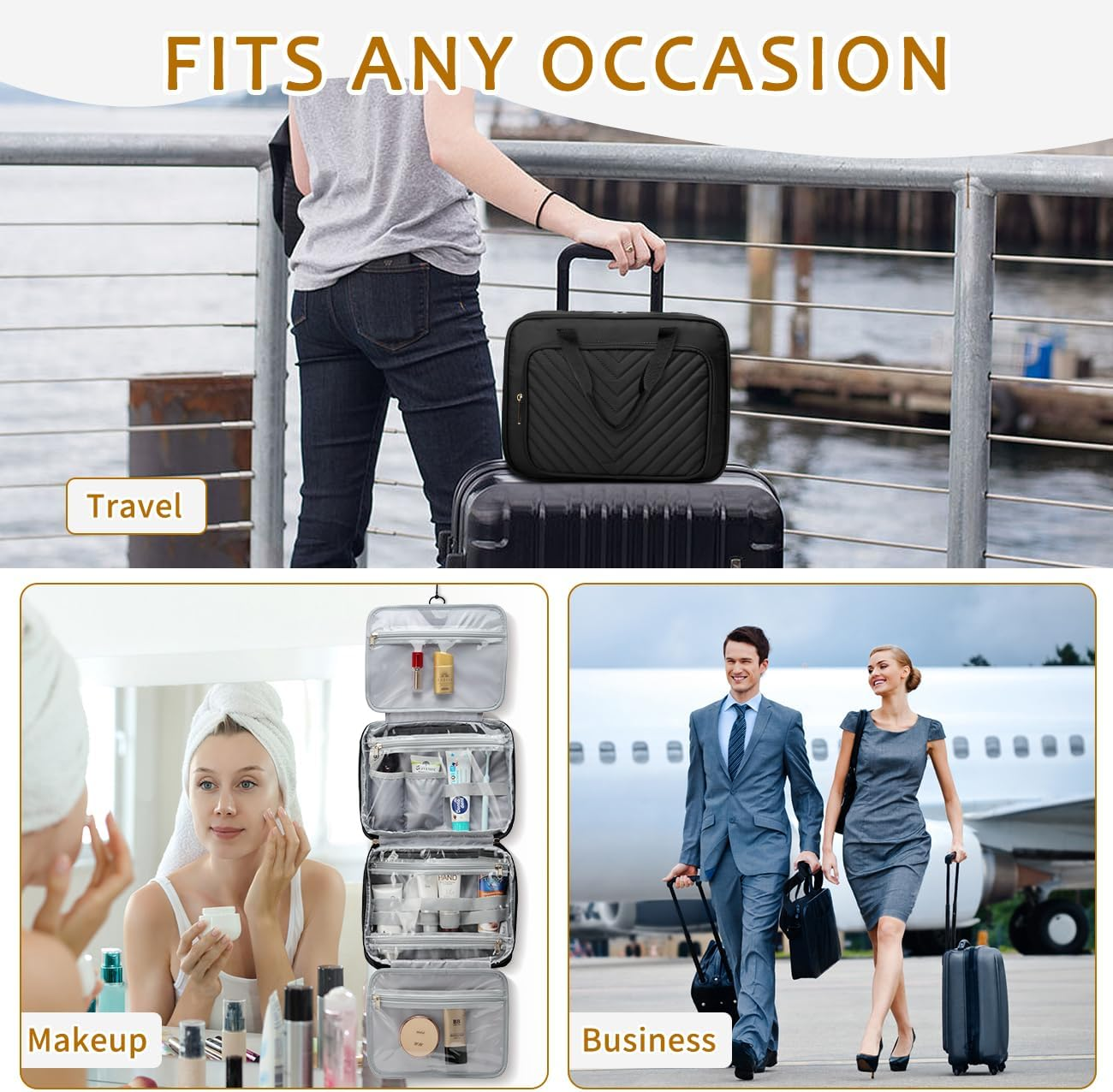 Toiletry Bag for Women Mens, Kasqo Water Resistant Large Hanging Travel Toiletry Bag Portable Shaving Makeup Cosmetic Organizer with Luggage Sleeve for Daily Gym Business Trip, Black image number 5