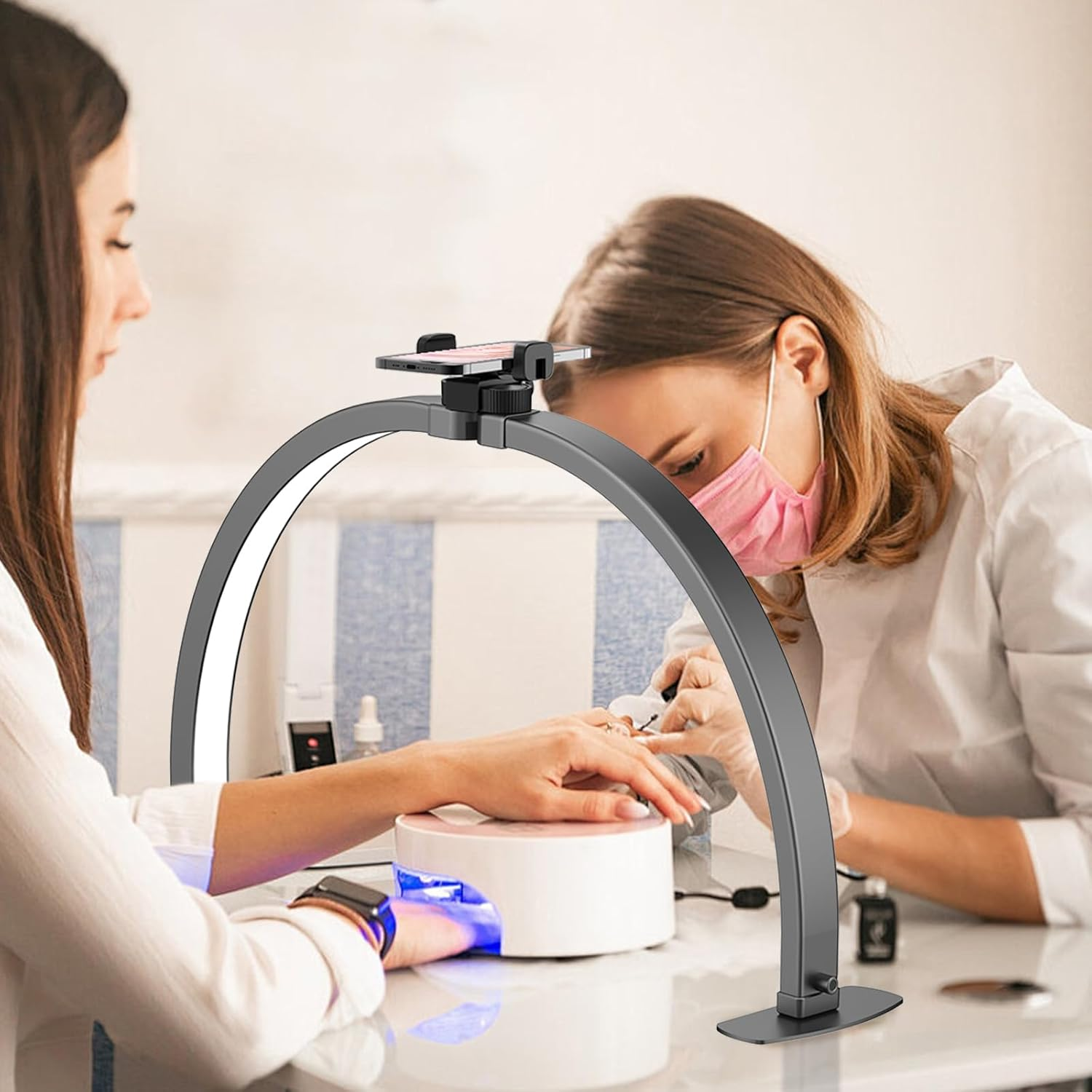 SMOCTAR Crescent Moon Lamp for Nails, 74 Cm Foldable LED Nail Table Lamp for Nail Tech with Phone Holder, Crescent Moon Light, Aesthetician Eyelash Light for Tattoo, Black image number 6