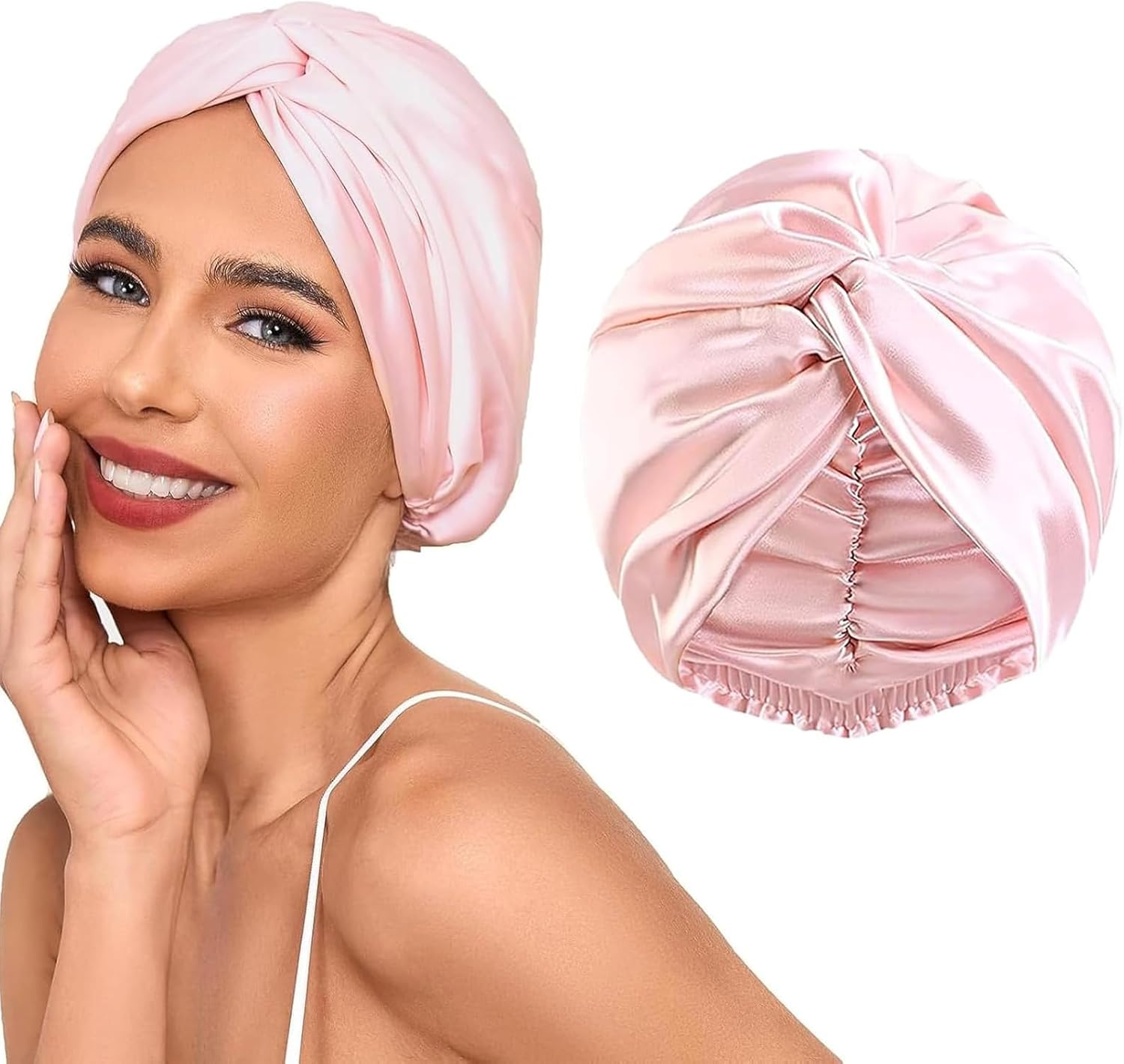 22 Momme 100% Mulberry Silk Bonnet-2Pcs for Sleeping & Women Hair Care, Highest Grade 6A Silk Imitation Hair Wrap for Sleeping with Premium Elastic Stay on Head (Pink)