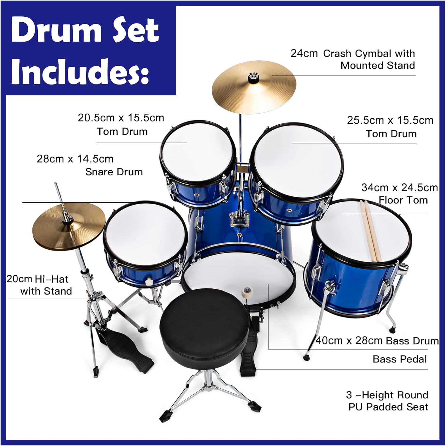 HONEY JOY 16&rdquo; Kids Drum Set, 5-Piece Full Size Complete Junior Drum Set W/Adjustable Throne, Cymbal, Hi-Hat, Pedal & Drumsticks, Beginner Drum Kit W/Bass Snare Tom Drum, Age 3-12 (Blue) image number 4