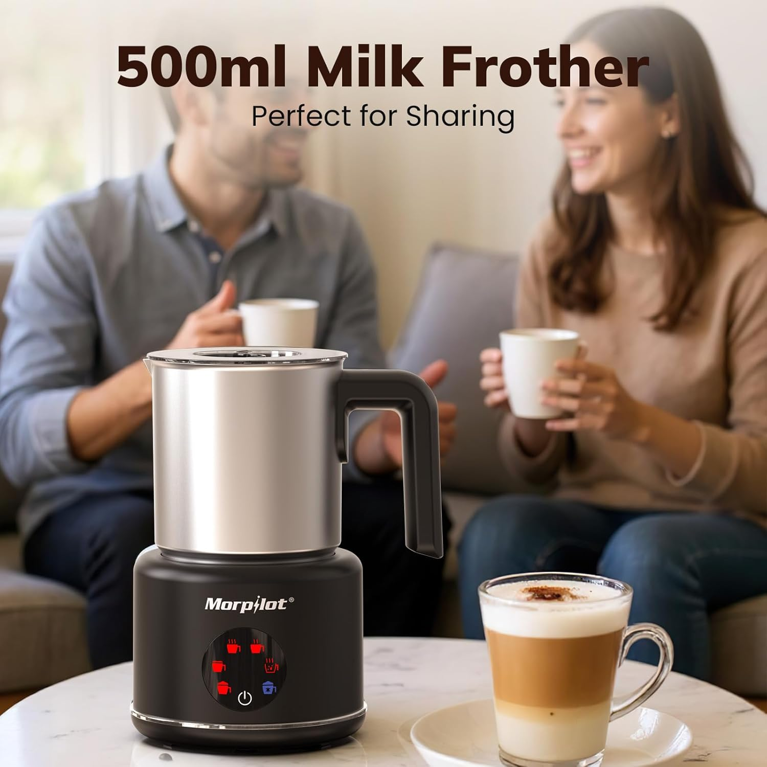 Morpilot Electric Milk Frother, 6-In-1 Milk Frother for Hot, Cold and Hot Chocolate, 130-500 Ml, 600 W, Non-Stick Coating, Latte Design, Dishwasher Safe, Stainless Steel, Black image number 2