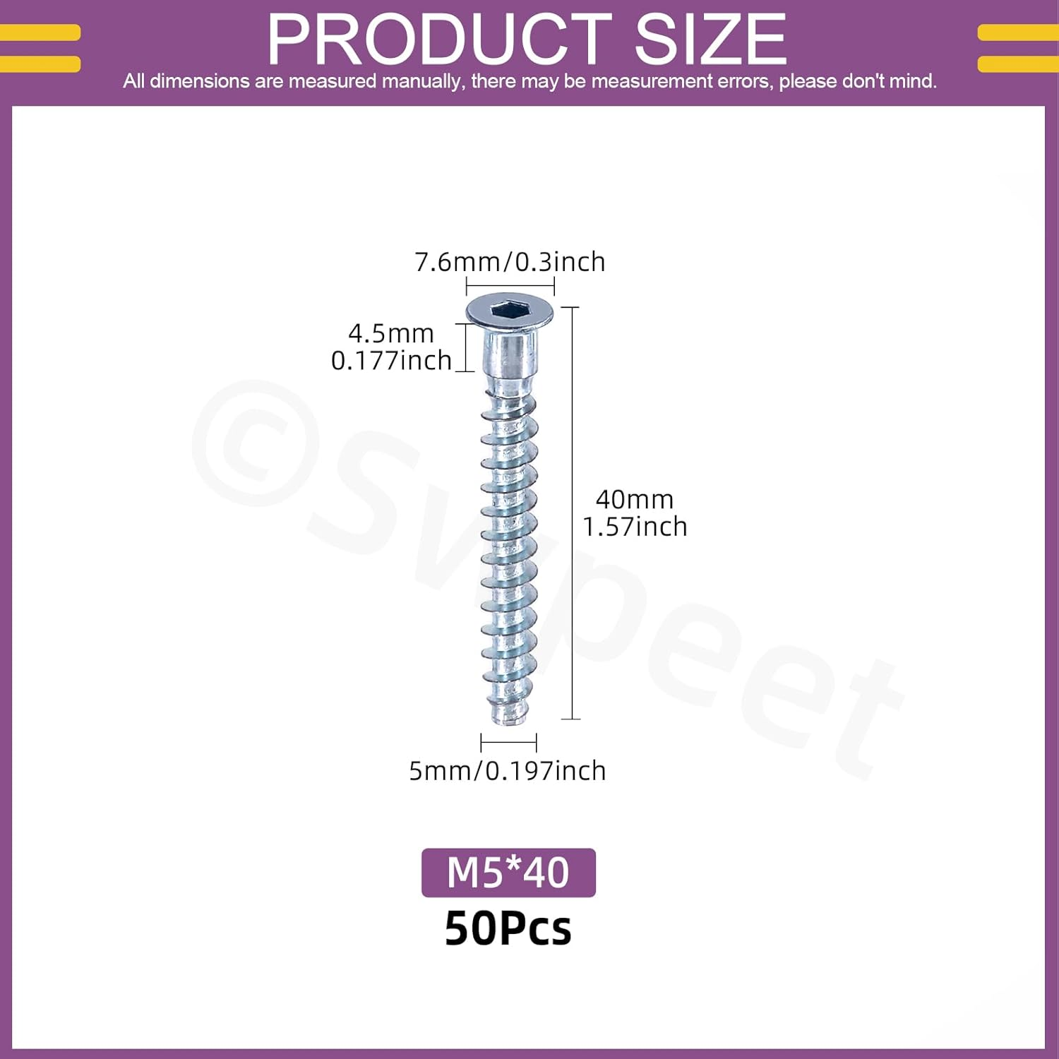 Swpeet 50Pcs M5 X 40Mm Blue-White Zinc Plated Carbon Steel Confirmat Screws Assortment Kit, Hex Socket Drive Countersunk Self-Tapping Furniture Connecting Screw for Assembly and Mounting image number 4