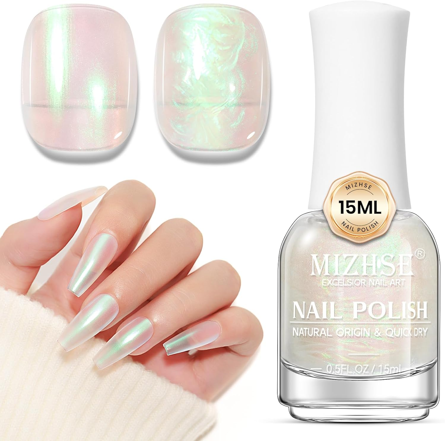 MIZHSE Nail Polish: 15Ml Aurora Milky White Nail Polish Mermaid Pearl Nail Polish Quick Dry, Fingernail and Toenail Polish Glossy Long Lasting Nail Polish Trendy DIY at Home Nail Gift Spree
