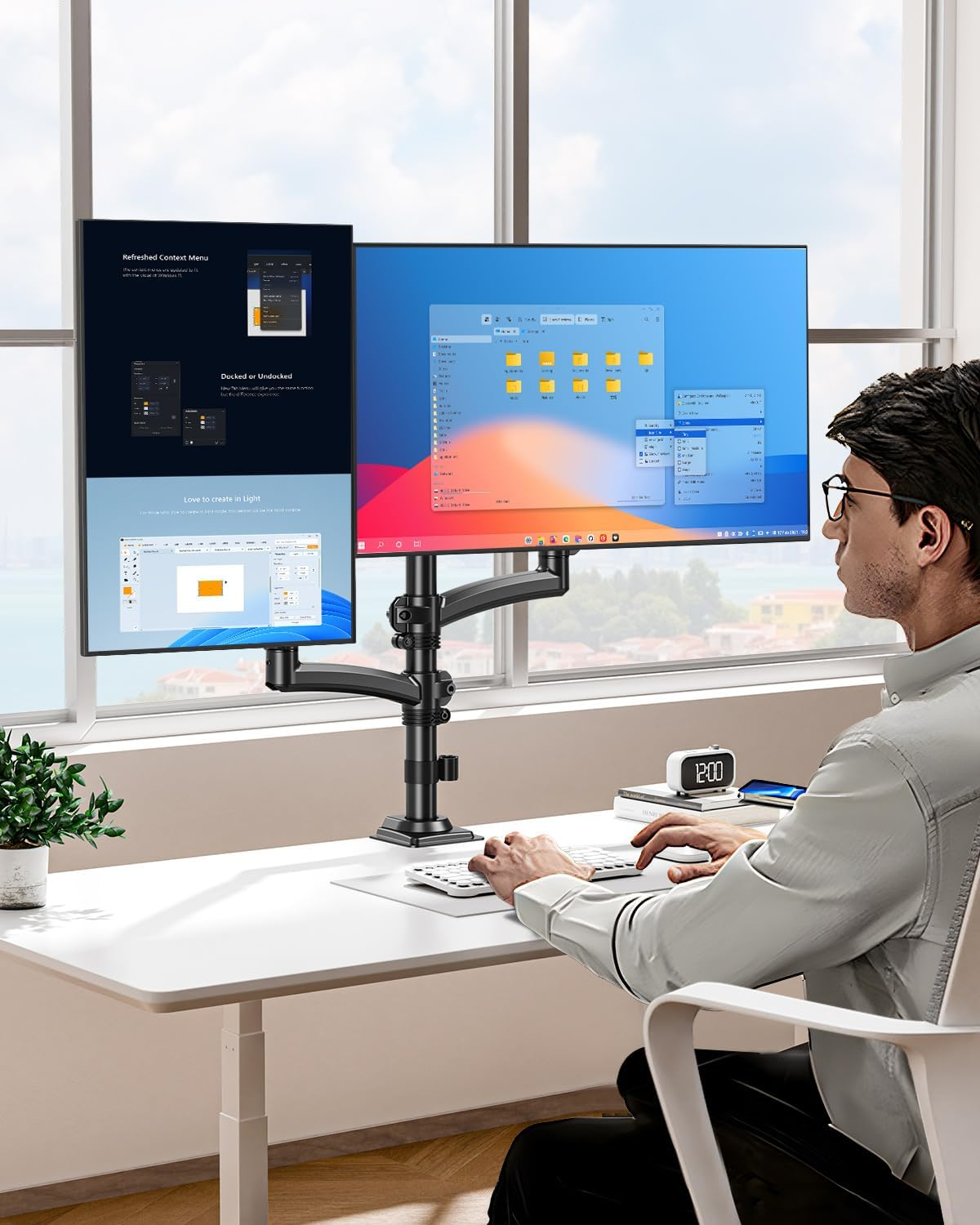 Dual Monitor Stand for Desk, Taller Monitor Arms for 2 Screens up to 32 Inch, Ergonomic Adjustable Gas Spring Double Computer Monitor Mount, Holds 4.4-22Lbs, VESA 75/100Mm, Black, Freelift - White image number 3