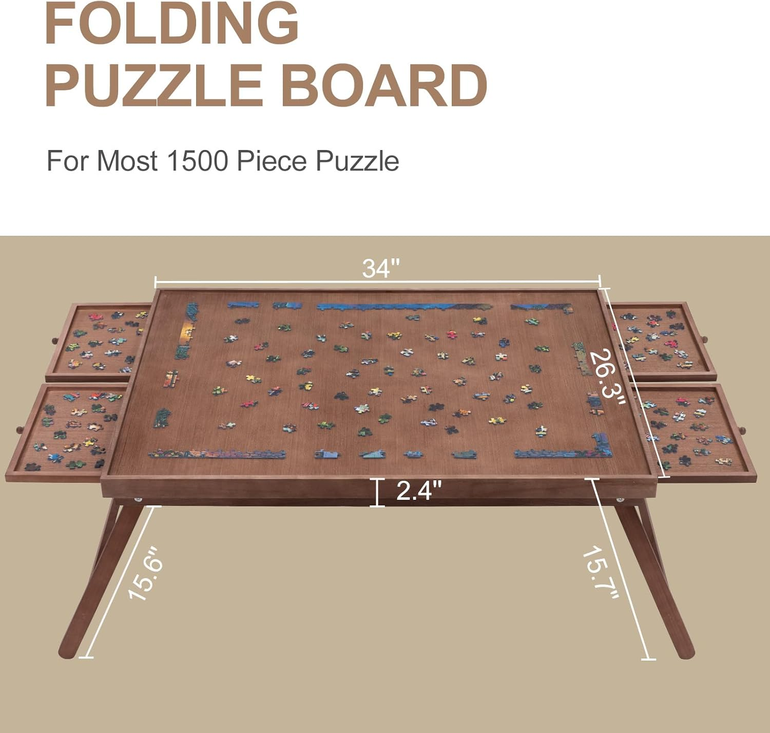 TEAKMAMA 1500 Piece Wooden Jigsaw Puzzle Board with 4 Drawers, Folding Puzzle Table with Protective Cover, Multifunctional Puzzle Board for Adults, 34W X 26.3D, Chocolate Brown image number 2