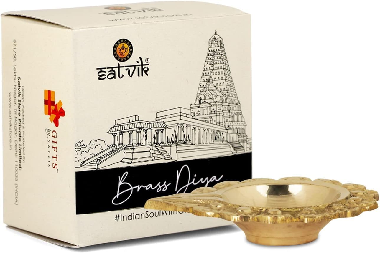 SATVIK Set of 4 = Brass Laxmi Kuber Diya &ndash; Engraved Floral Design Pooja Diya for Home, Mandir, Festivals, Diwali Decor, Oil Lamp, Tea Light Holder, Indian Housewarming Gift, Kutthu Vilakku, Nilakku image number 1