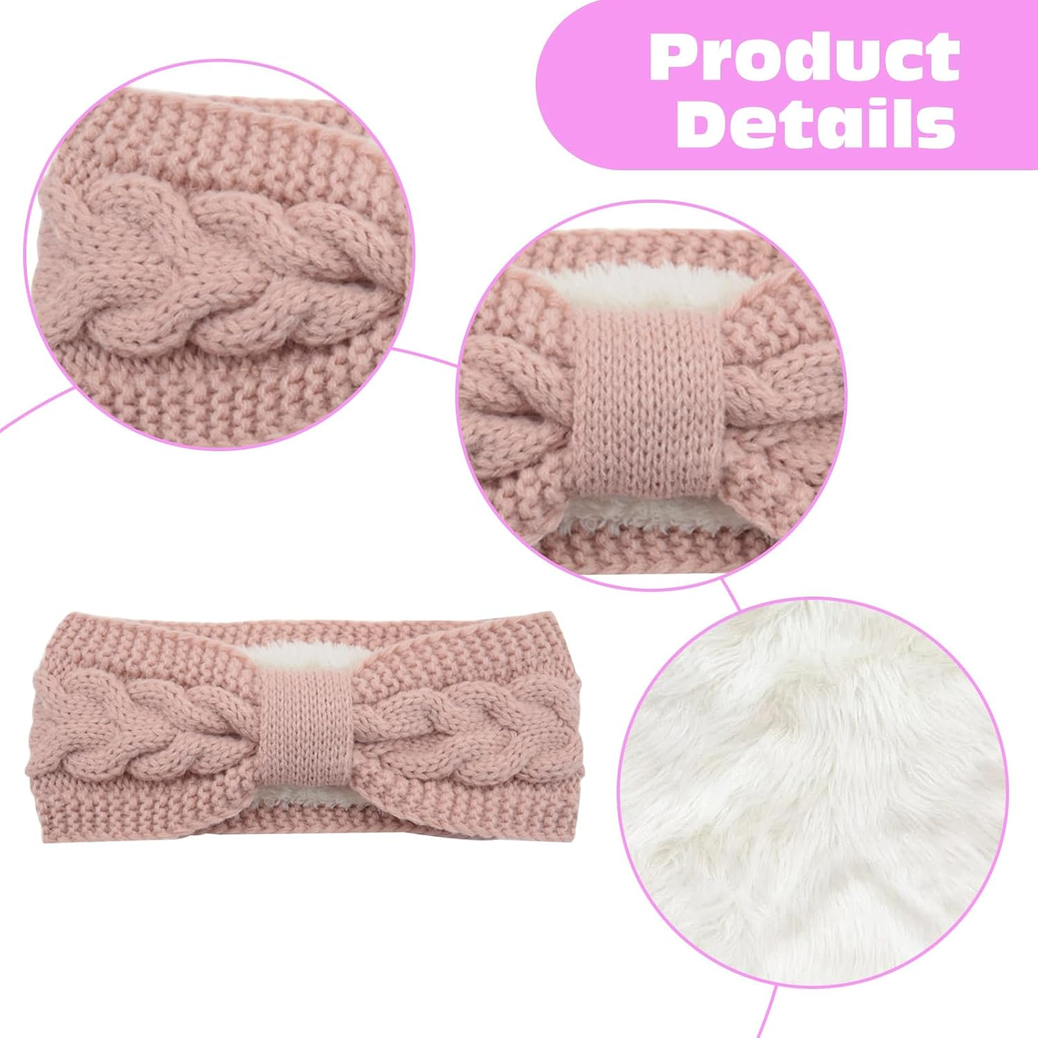 FOSDICK Winter Cable Knit Headbands Women Crochet Ear Warmer Headband, Pink Knitted Thermal Twist Headbands for Girls Women Soft Lining Head Wrap Winter Knitted Headband for Shopping Skiing Running image number 4