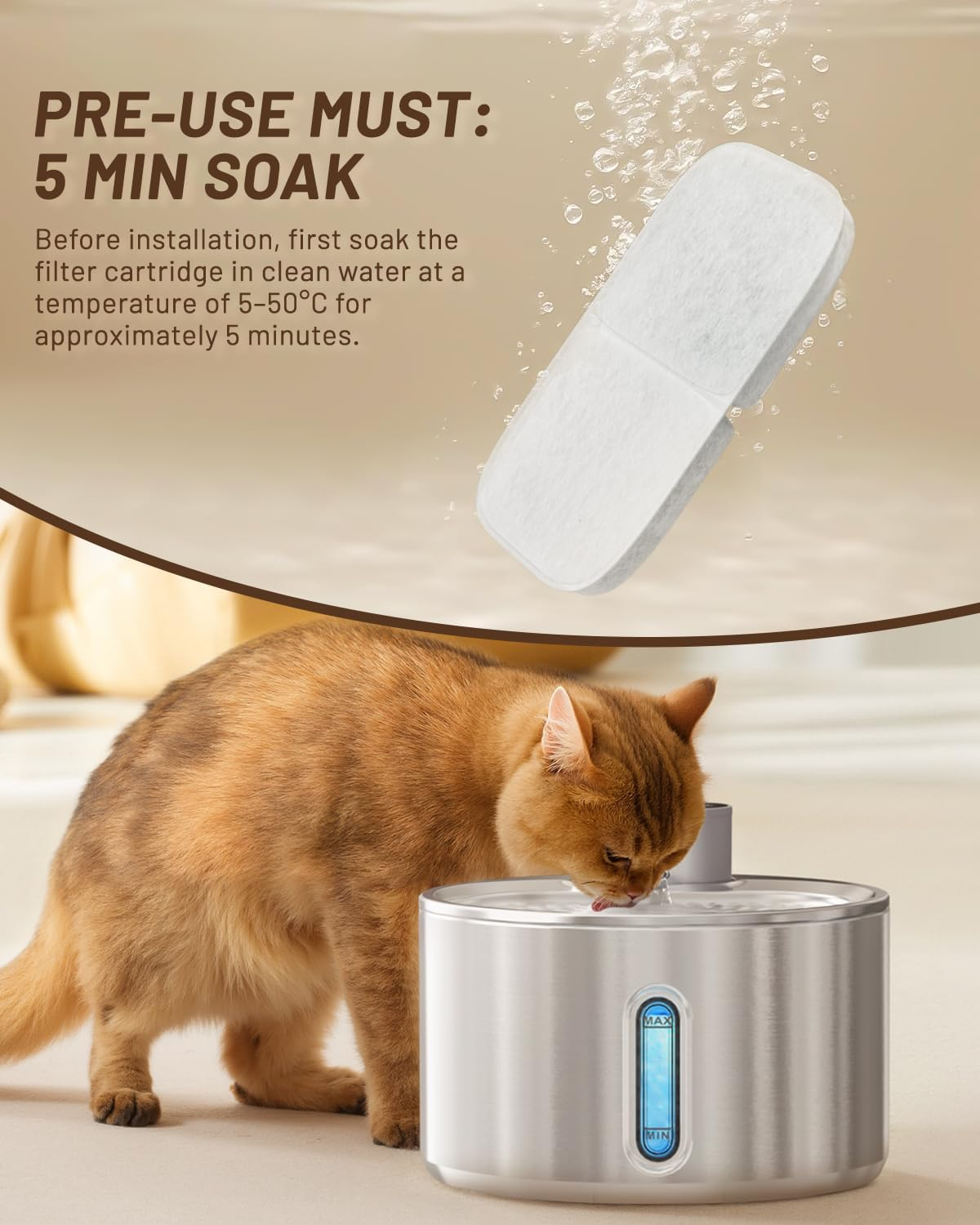 Cat Water Fountain Filters 6 Packs - Replacement Filters for Cats Water Dispenser, 2 in 1 Triple Filtration Cat Fountain Filter for 2L/3.2L/4L Ultra Quiet Stainless Steel Pet Water Fountain image number 3