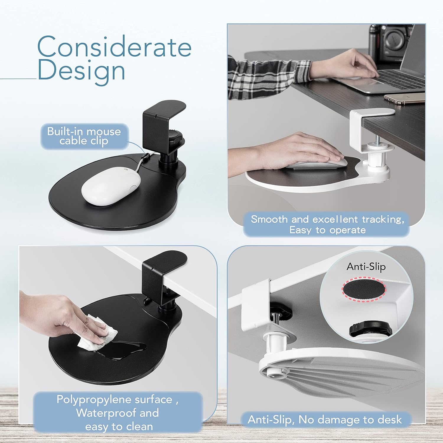 EHO Under-Desk Mouse Platform/Clip on Mouse Pad Rotating 360 Degree, Ergonomic Mouse Tray Attachment, Office Mouse Pad, Slide Out Mouse Tray Black image number 6